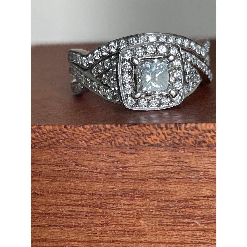 14 karat white gold, diamond halo engagement wedding ring set .61 center - Picture 15 of 16